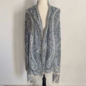 Naturally Knotty Scarf 100% Silk Grey & Blue Oversized Paisley w Fringed Ends
